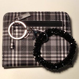 Black & white plaid wristlet/bracelet keychain wallet, new without tags